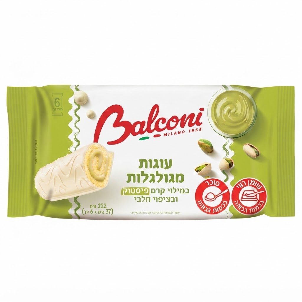 בלקוני עוגות מגולגלות במילוי קרם פיסטוק וציפוי חלבי 222 גרם
