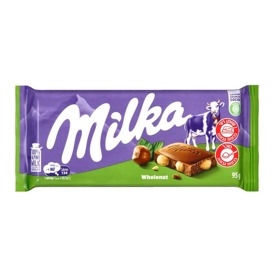 מילקה שוקולד חלב עם אגוזי לוז שלמים 95 גרם