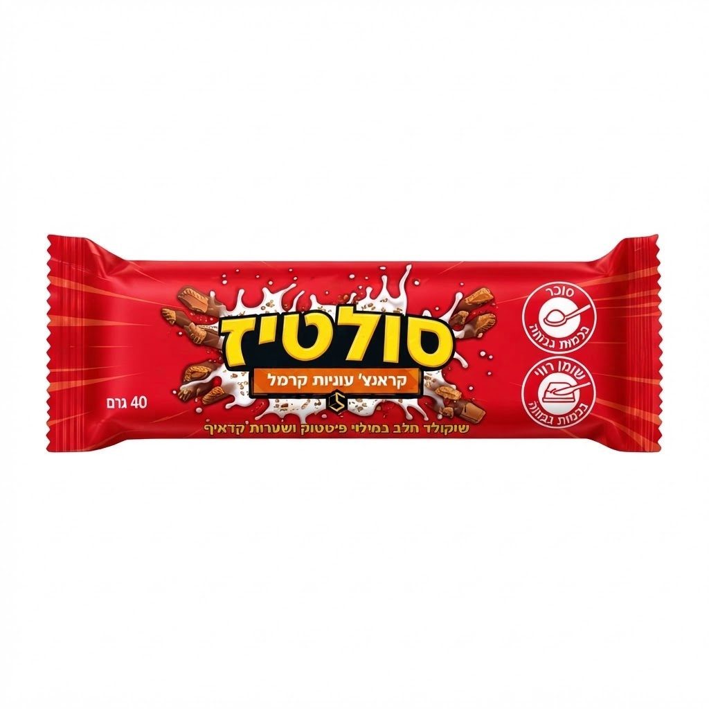 סולטיז שוקולד חלב במילוי קדאיף ושברי עוגיות קרמל 40 גרם