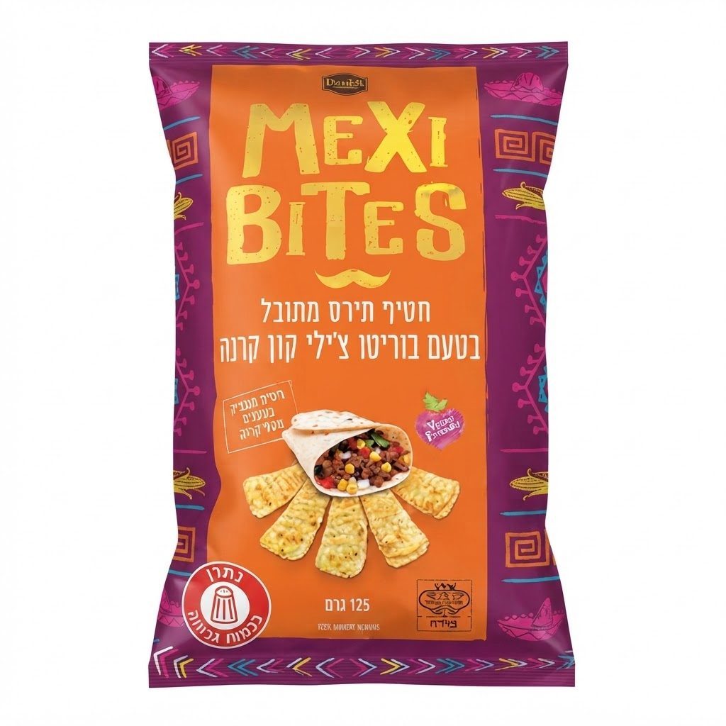 מקסי בייטס חטיף תירס מתובל בטעם בוריטו צילי קון קרנה 125 גרם
