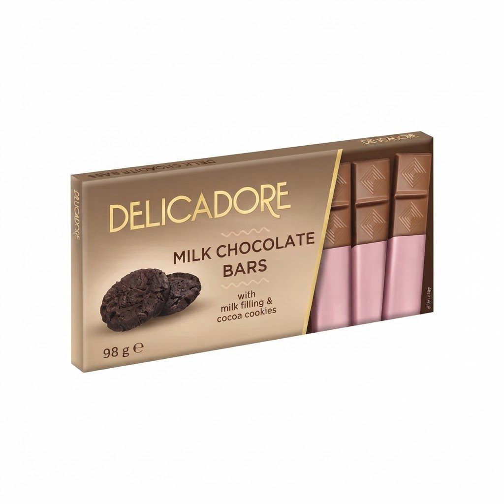 Delicadore שוקולד חלב עם מילוי חלב ושברי ביסקוויט 98 גרם