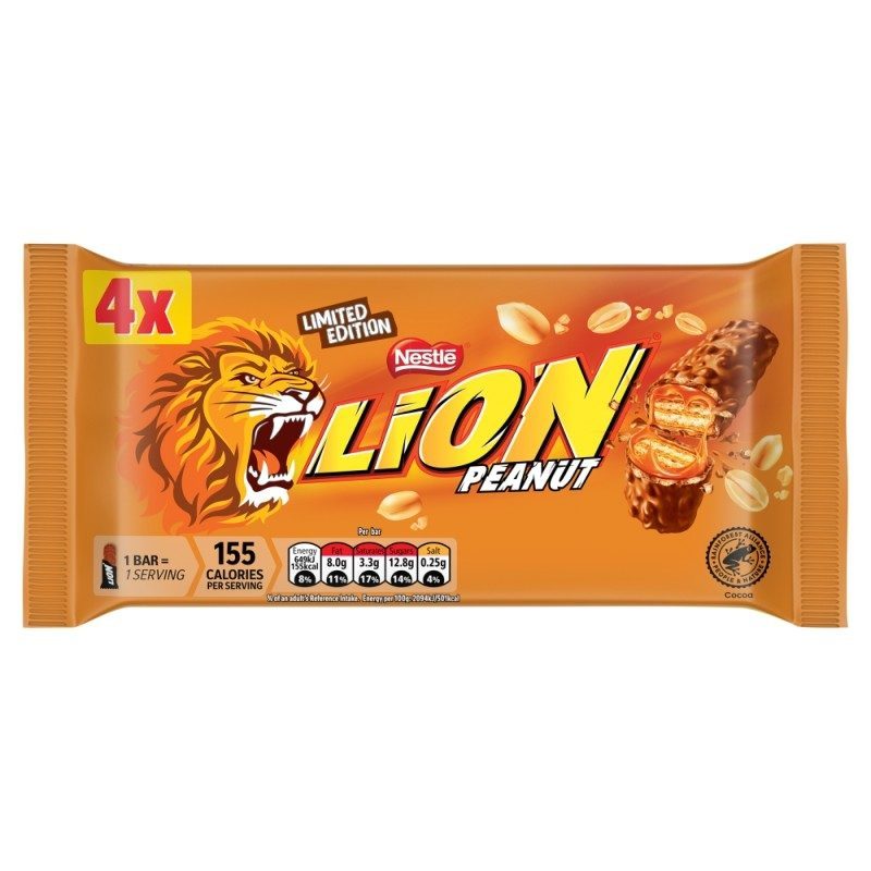 Lion וופל במילוי קרמל,דגנים ובוטנים מצופה שוקולד חלב מארז רביעייה 124 גרם