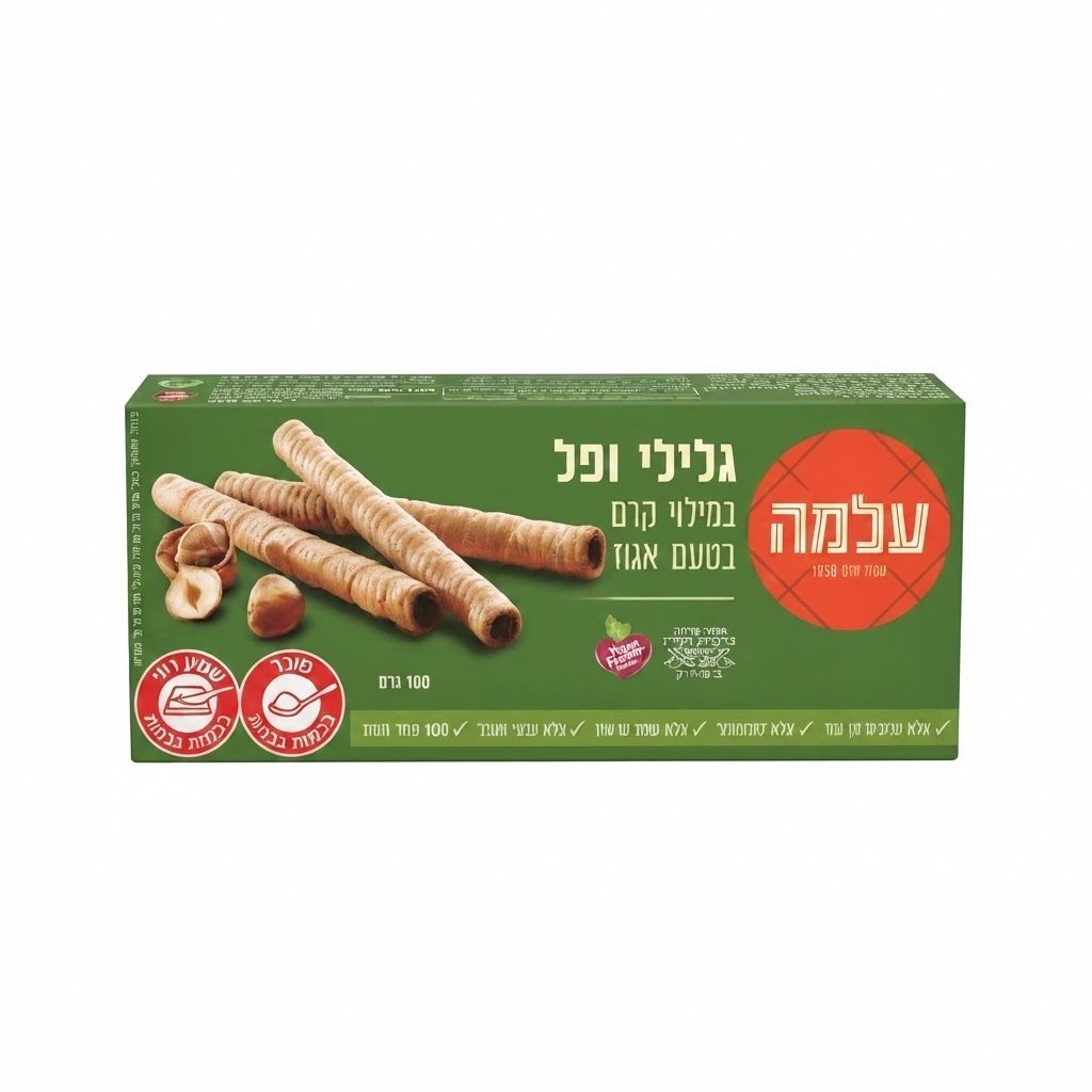 עלמה גלילי ופל במילוי קרם בטעם אגוז 100 גרם