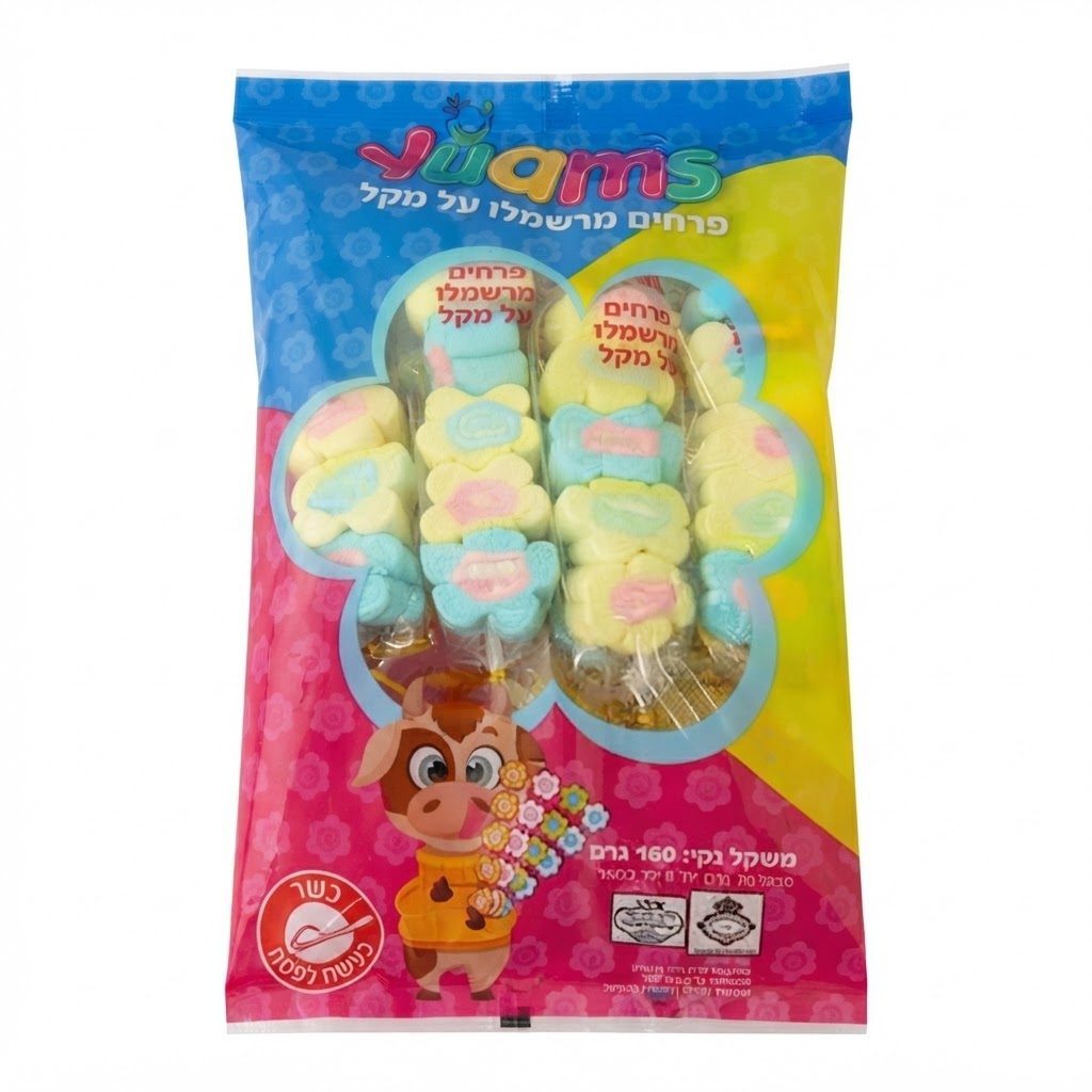 פרחי מרשמלו על מקל בטעם תות וניל 160 גרם
